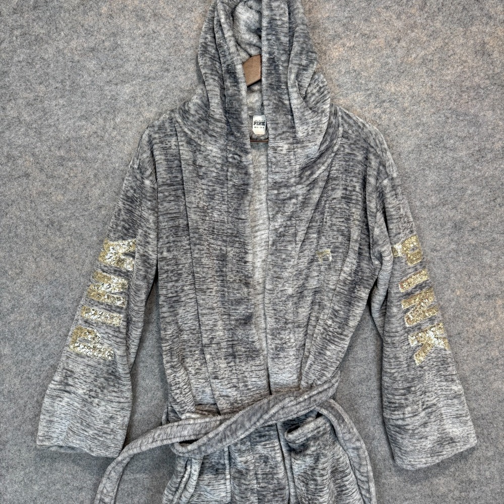 Victoria Secret PINK Plush Robe Womens XS SMall Sparkling Sequin Hooded Belted - Picture 2 of 13